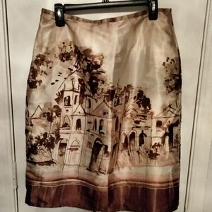 Scenic print and brown and pink satin skirt from JCPenney's size 10